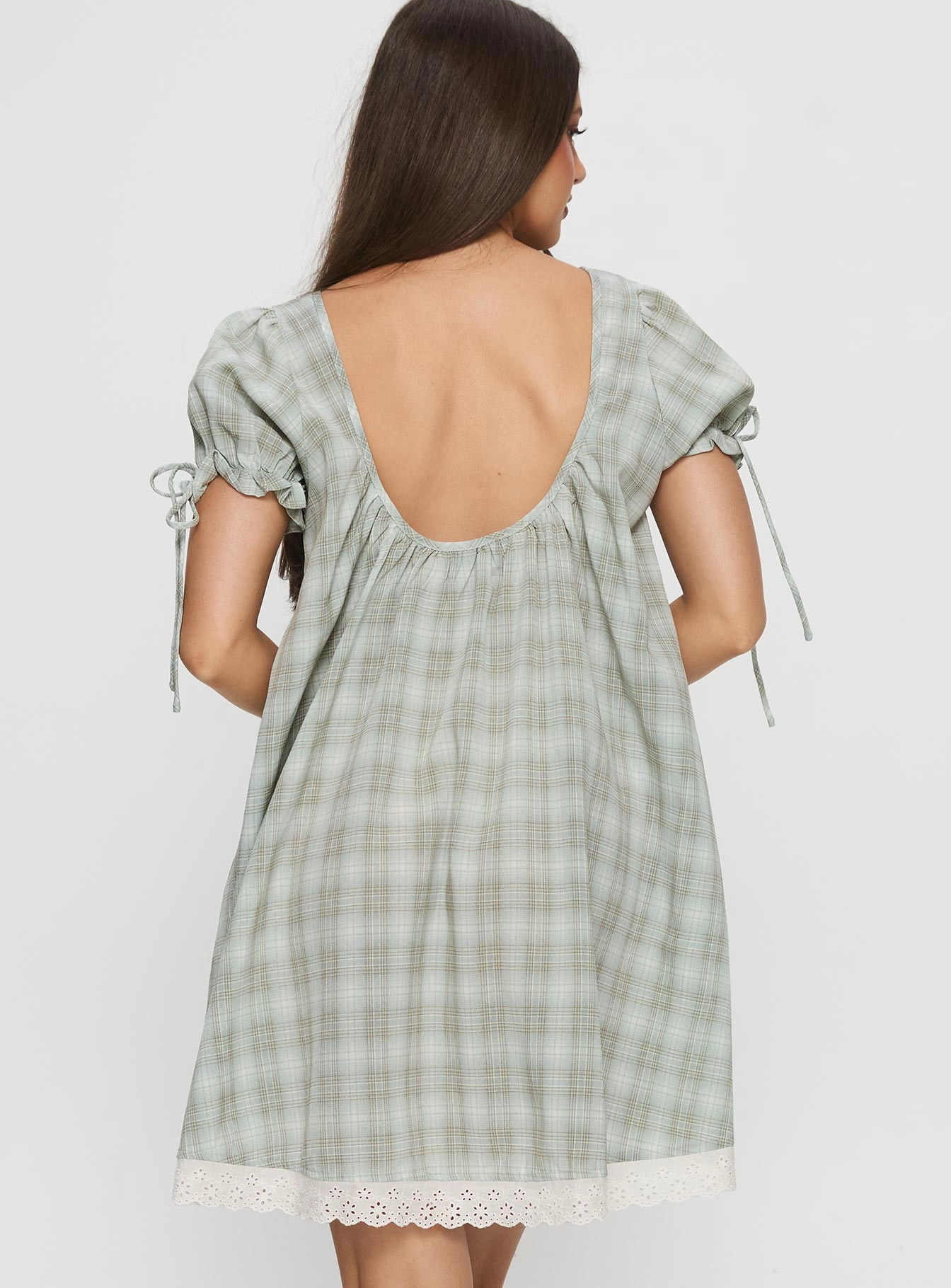 Insulating-Lining Embracing Puff Sleeve Swing Mini Dress Blue Check