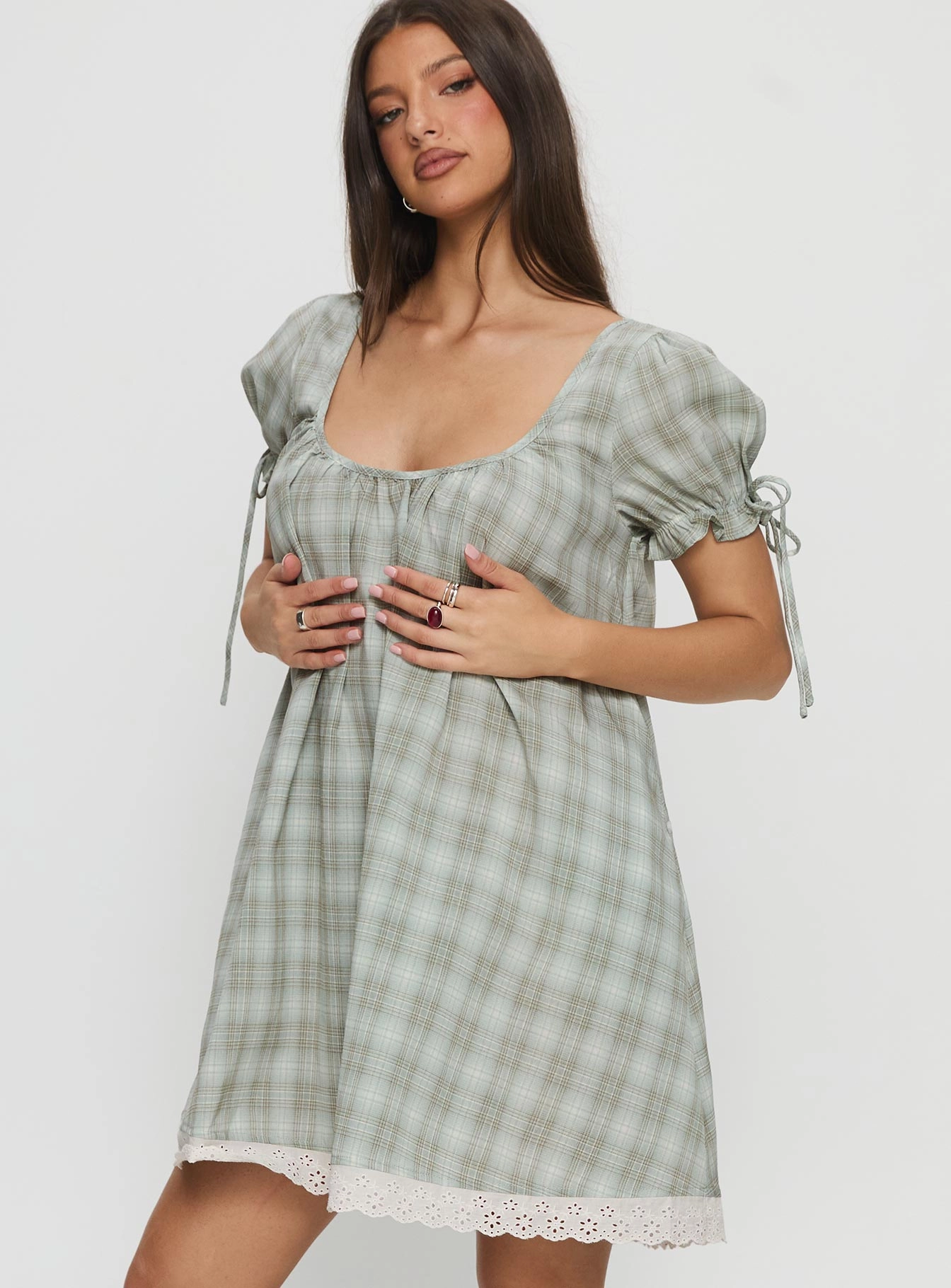 Embracing Puff Sleeve Swing Mini Dress Blue Check Smart Casual Smart Fashion