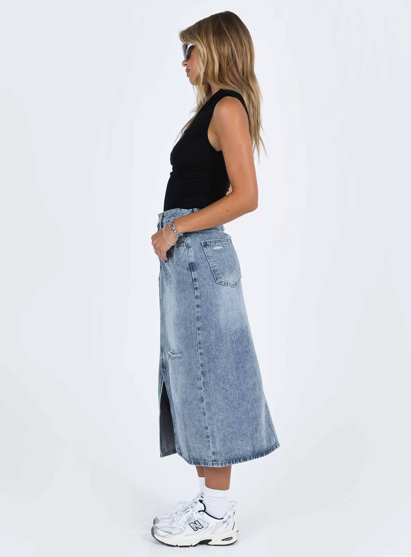 Belsie Midi Skirt Light Wash Denim Adjustable Waistband
