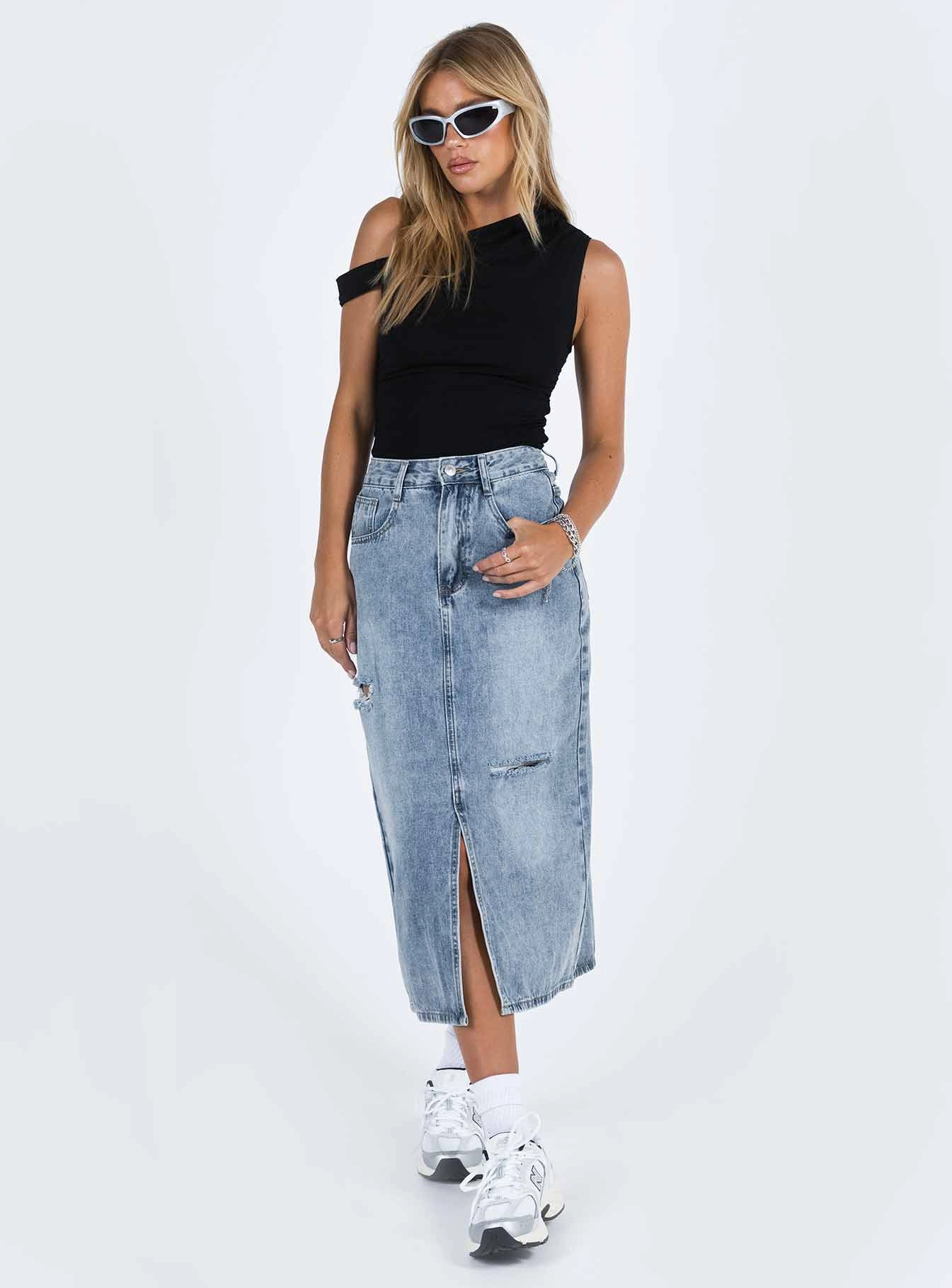Belsie Midi Skirt Light Wash Denim Smart Edge Winter Layering