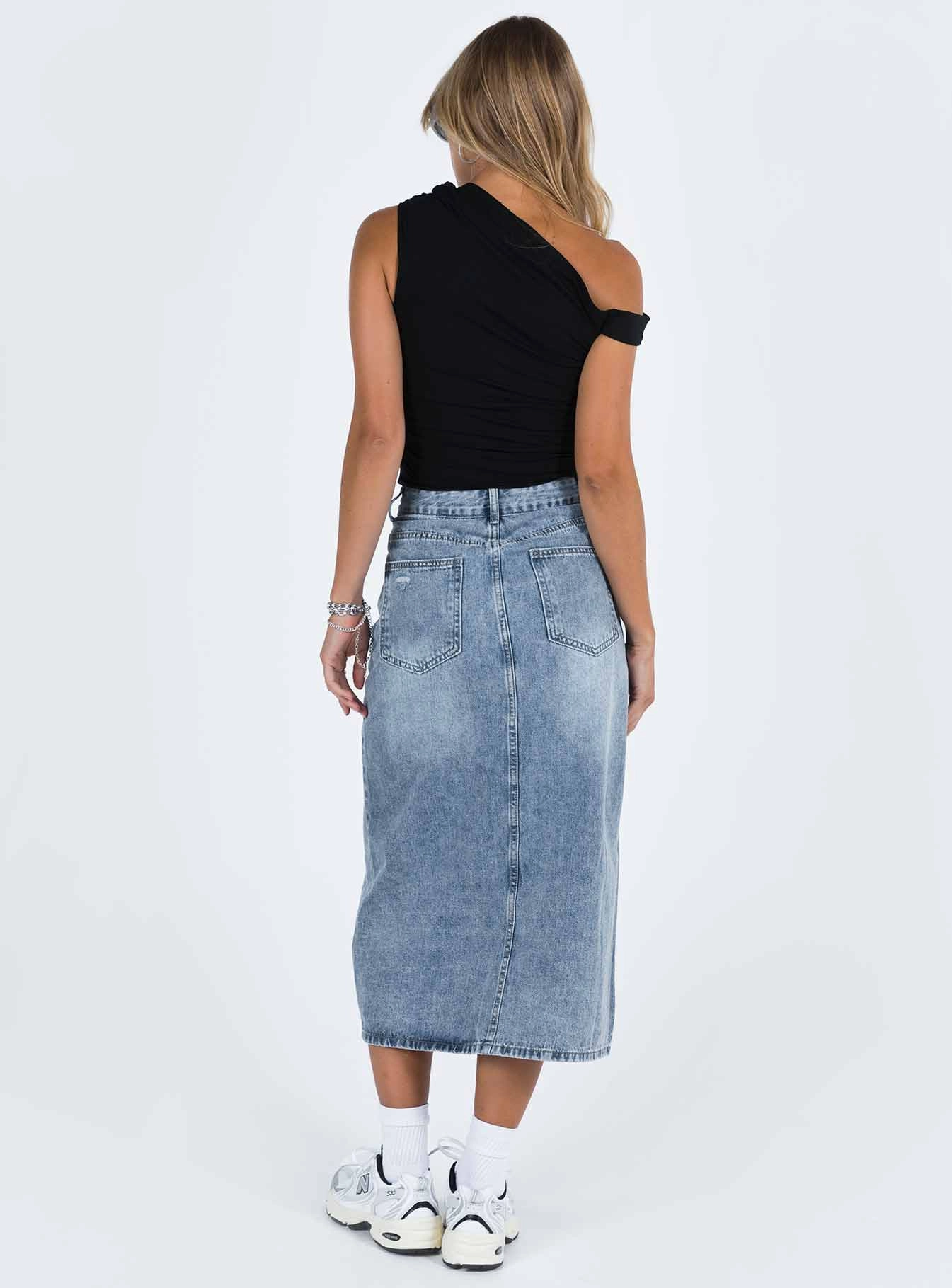 Outfit Moodset Stretchable Waist Belsie Midi Skirt Light Wash Denim
