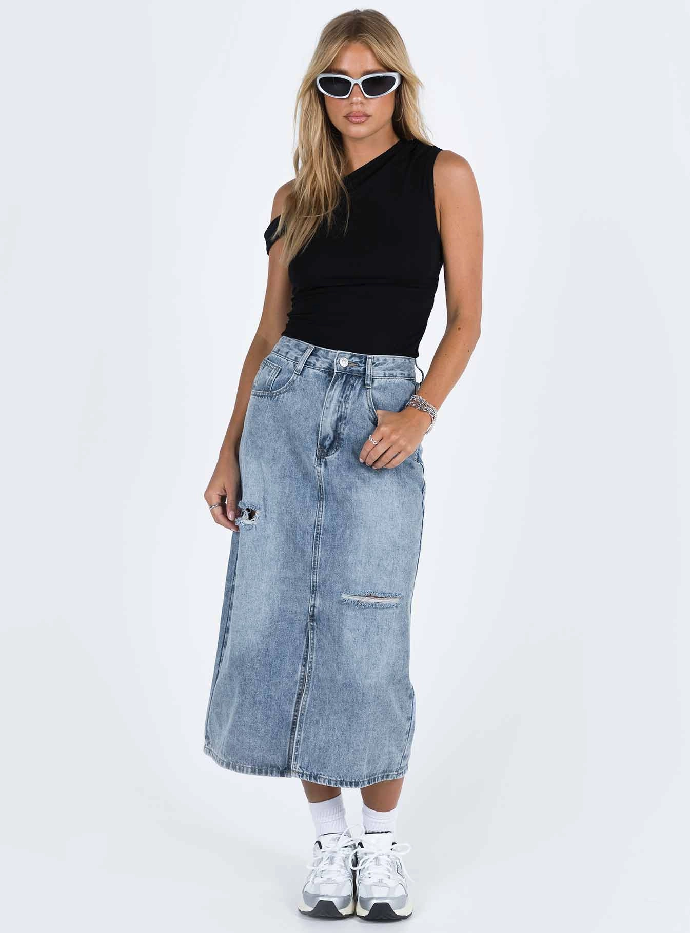 urban scene Year Round Style Belsie Midi Skirt Light Wash Denim