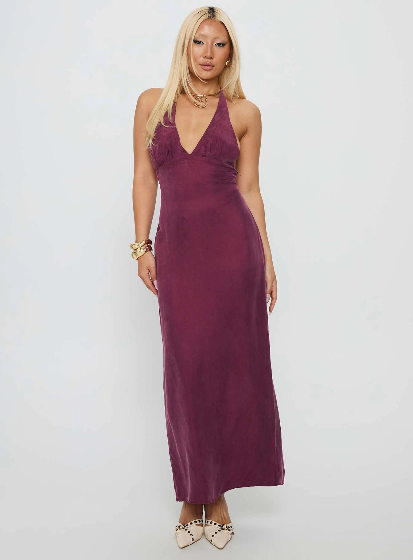 True Companion Halter Maxi Dress Berry Drapey Fabric Garden-Party