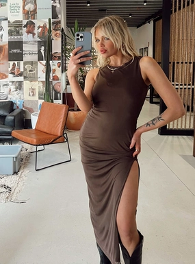 Brenly Mesh Maxi Dress Brown Timeless Trend Subtle Drape