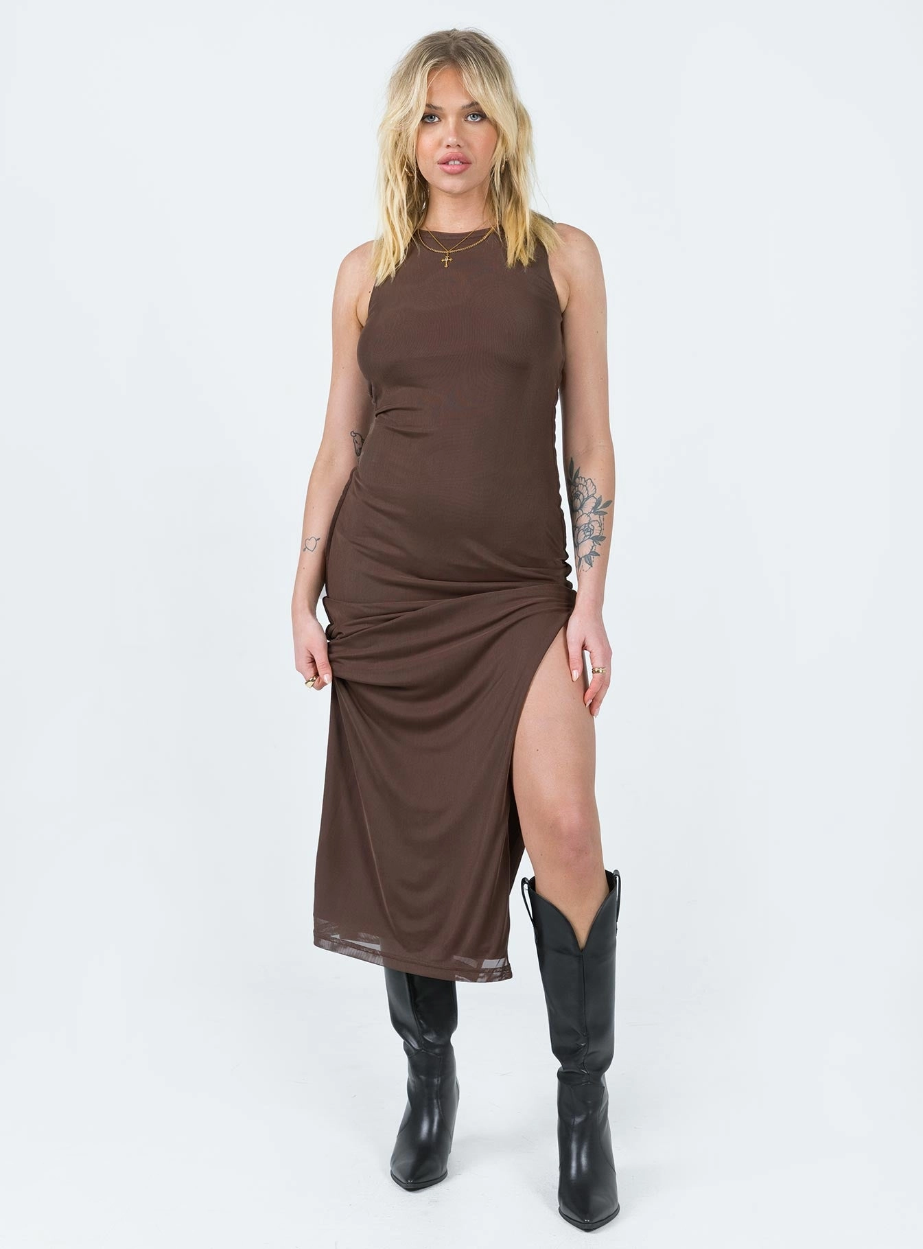 Sleek Comfort Brenly Mesh Maxi Dress Brown
