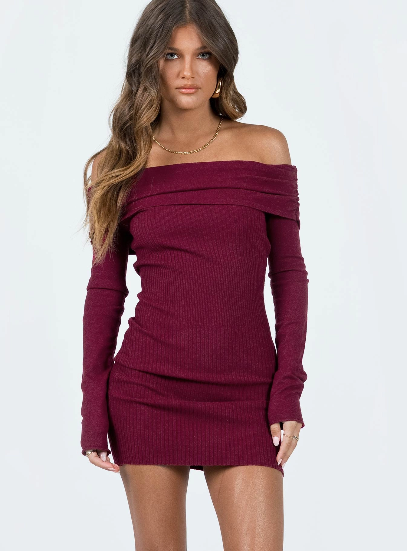 Camtel Off The Shoulder Mini Dress Burgundy Office Smart Soft Fit Wear