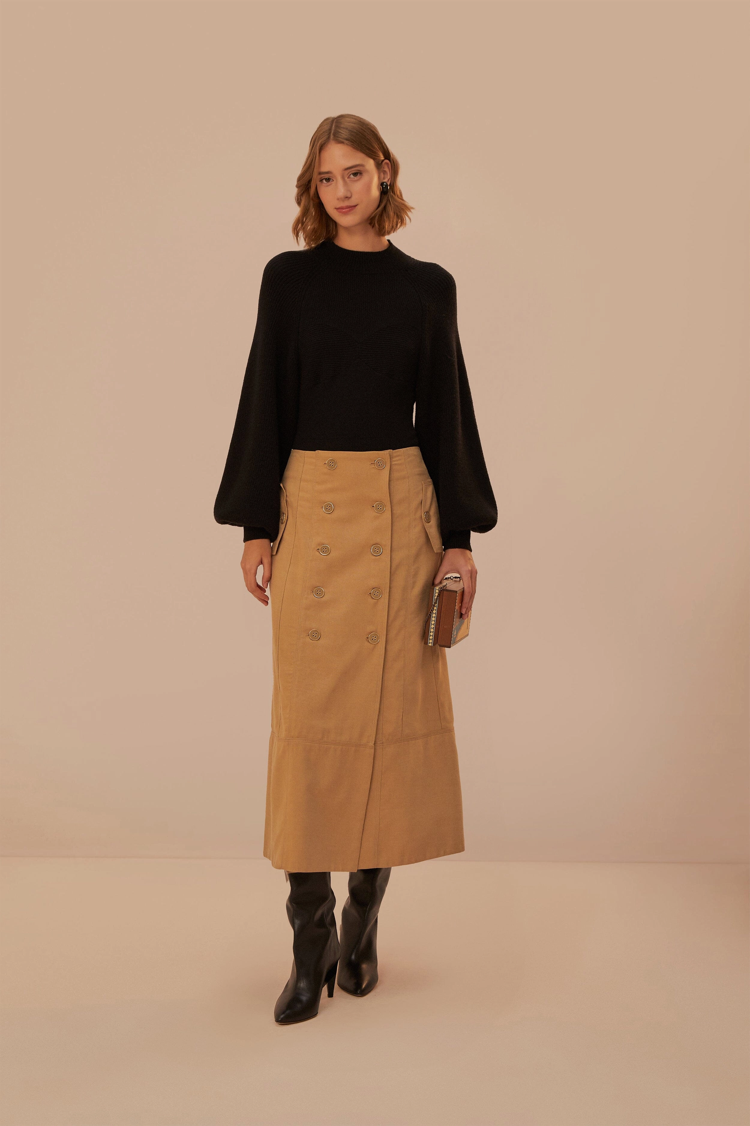 Easy Motion Budget Friendly Brown Yoked Midi Skirt