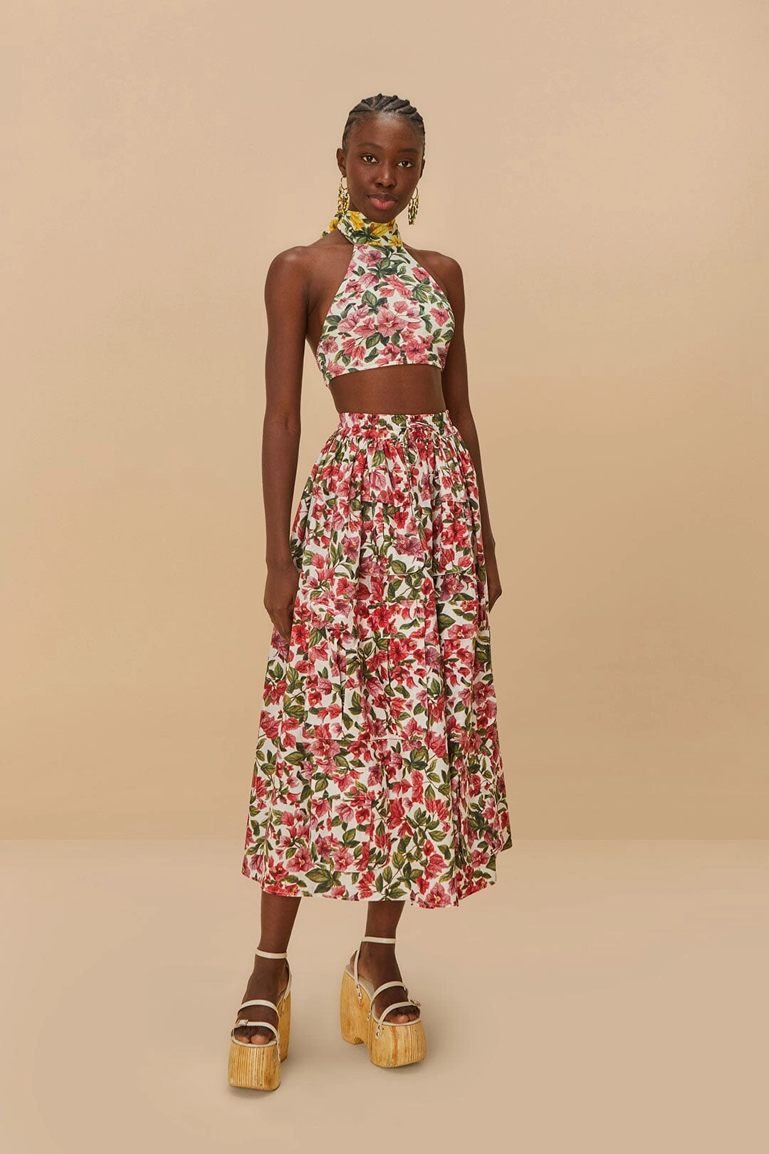 All Season Floor Length Pink Halftone Bougainvillea Organic Cotton Maxi Skirt