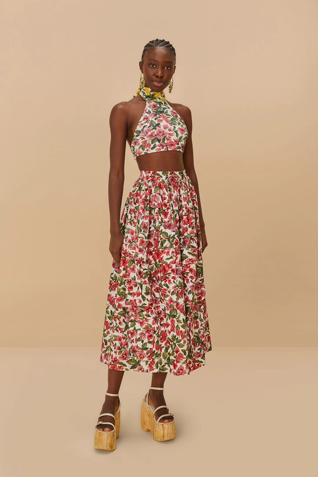 Pink Halftone Bougainvillea Organic Cotton Maxi Skirt Adjustable Fastening Foldable Packability