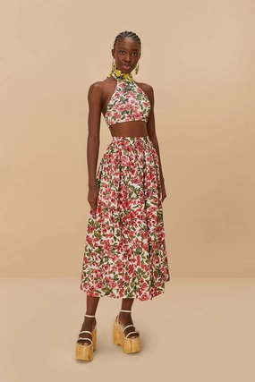Pink Halftone Bougainvillea Organic Cotton Maxi Skirt Adjustable Fastening Foldable Packability