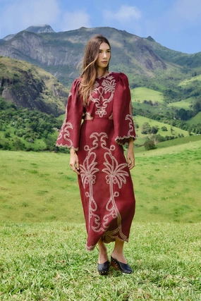 Japan Cool Easy Layers Button front Red Artisanal Cut-Out Embroidered Euroflax? Premium Linen Maxi Dress