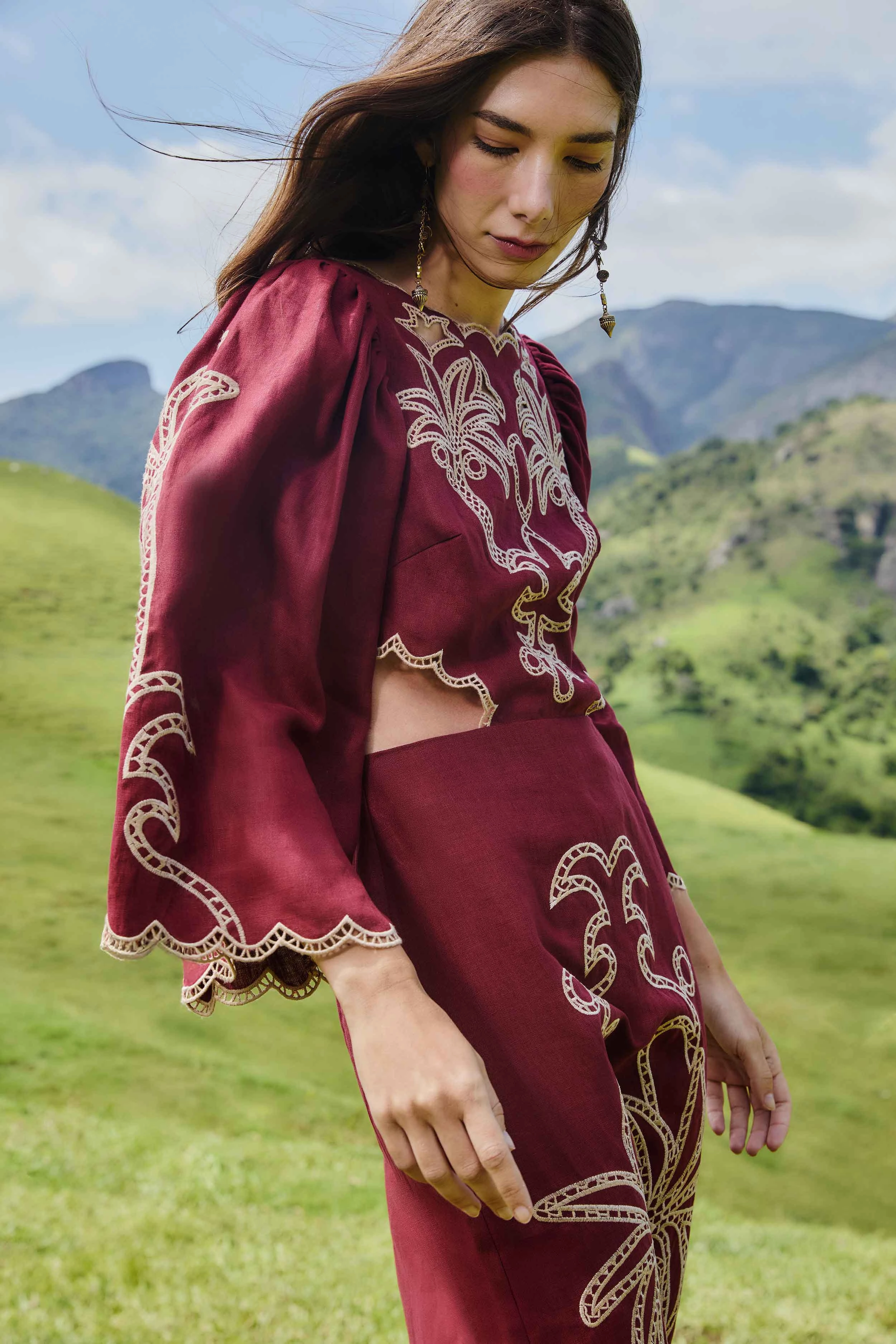 Flattering Fit for All Field Fresh Button front Red Artisanal Cut-Out Embroidered Euroflax? Premium Linen Maxi Dress