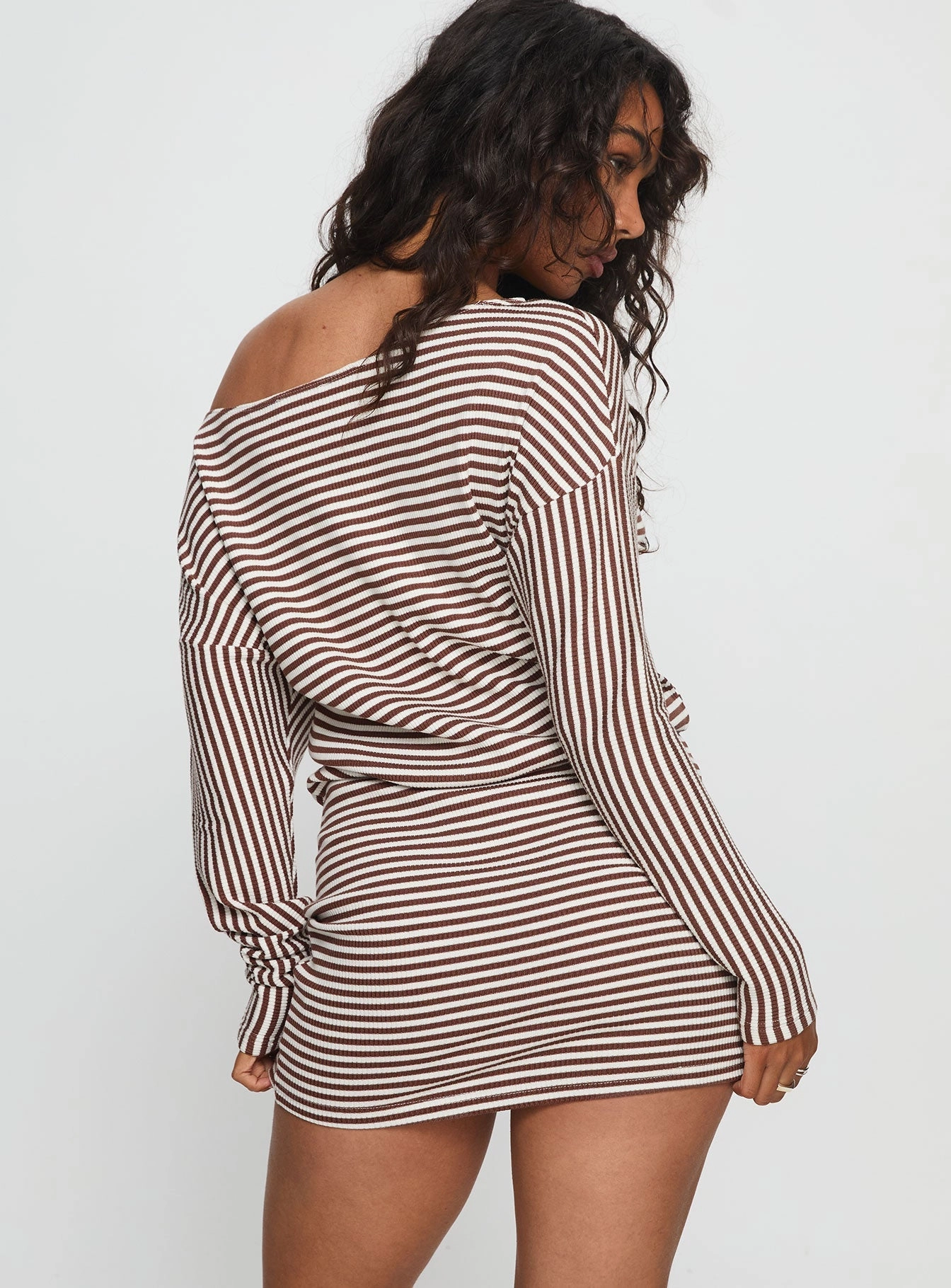 Caia Off Shoulder Long Sleeve Jersey Mini Dress Chocolate Stripe Square Neck Flared-Hem