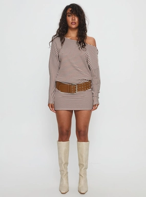 Caia Off Shoulder Long Sleeve Jersey Mini Dress Chocolate Stripe Sleek Cut