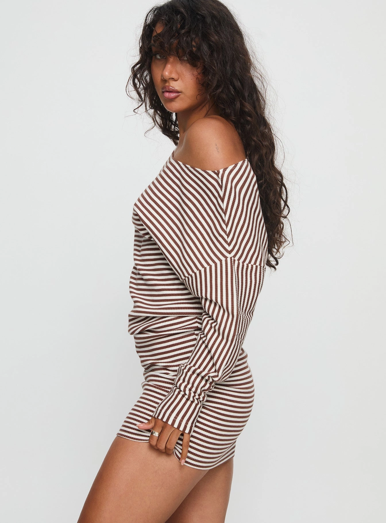 Sharp Detail Caia Off Shoulder Long Sleeve Jersey Mini Dress Chocolate Stripe