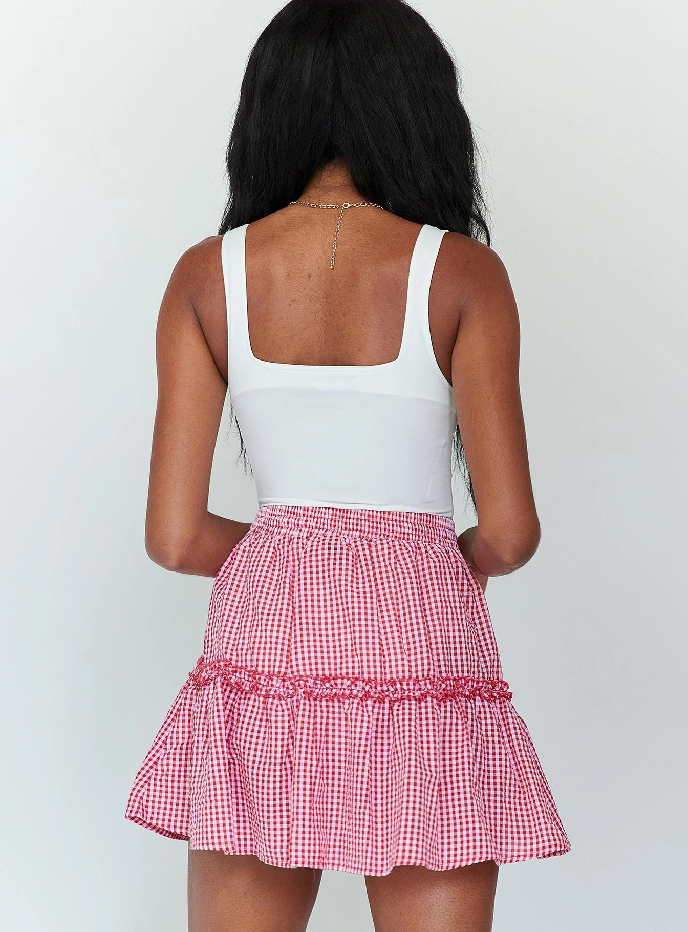 Callum Gingham Mini Skirt Red Glossy Texture Fresh Detail
