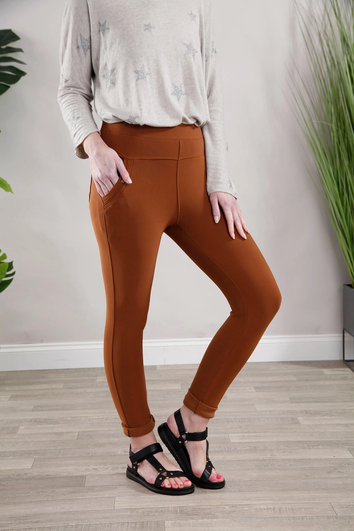 Non Restrictive Cut Perfect Shape Camel Stud Treggings