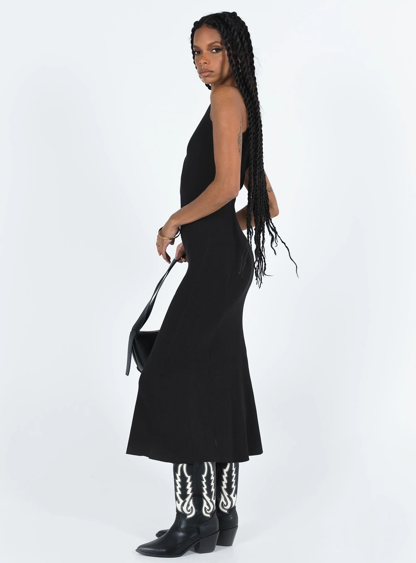 Embroidered Fabric everyday staple Thalma Midi Dress Black