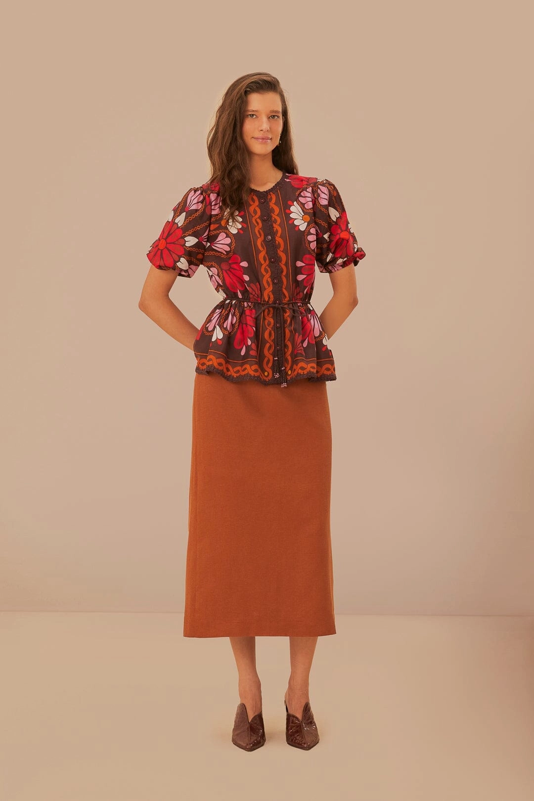 Texture Shot elastic waistband Caramel Midi Skirt