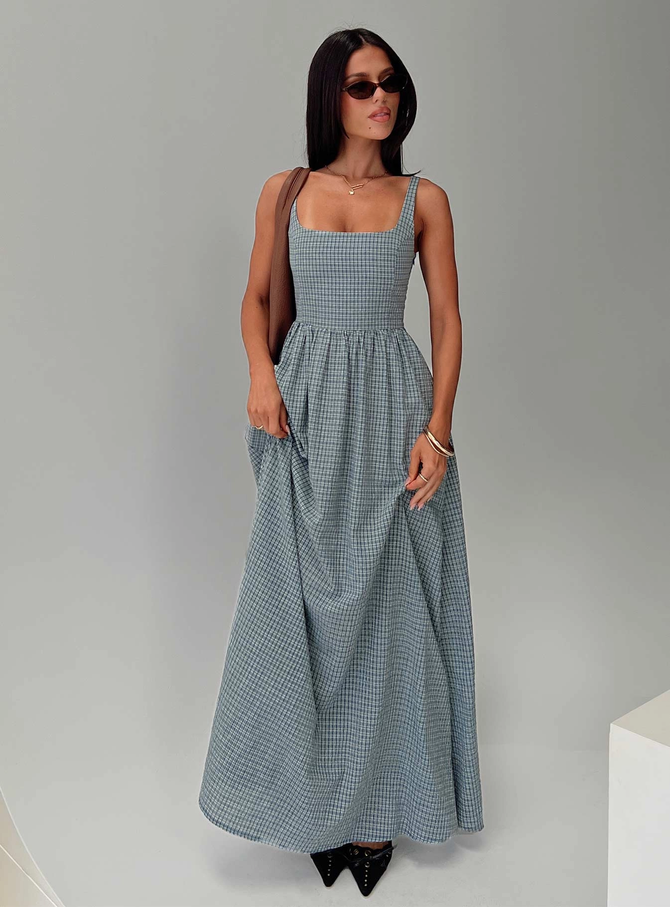 Quiet Sweet Cartmel Check Maxi Dress Navy
