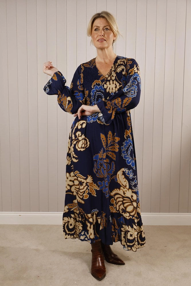 Shirred Floral Maxi Dress Navy A-Line Matte Fabric
