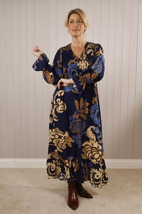 Shirred Floral Maxi Dress Navy A-Line Matte Fabric