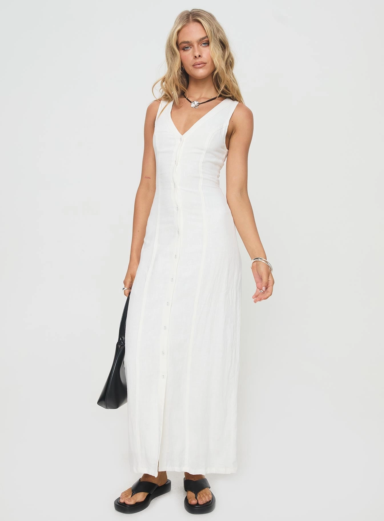 Soft Hue Fit Clean Summer Season Linen Blend Maxi Dress White Petite