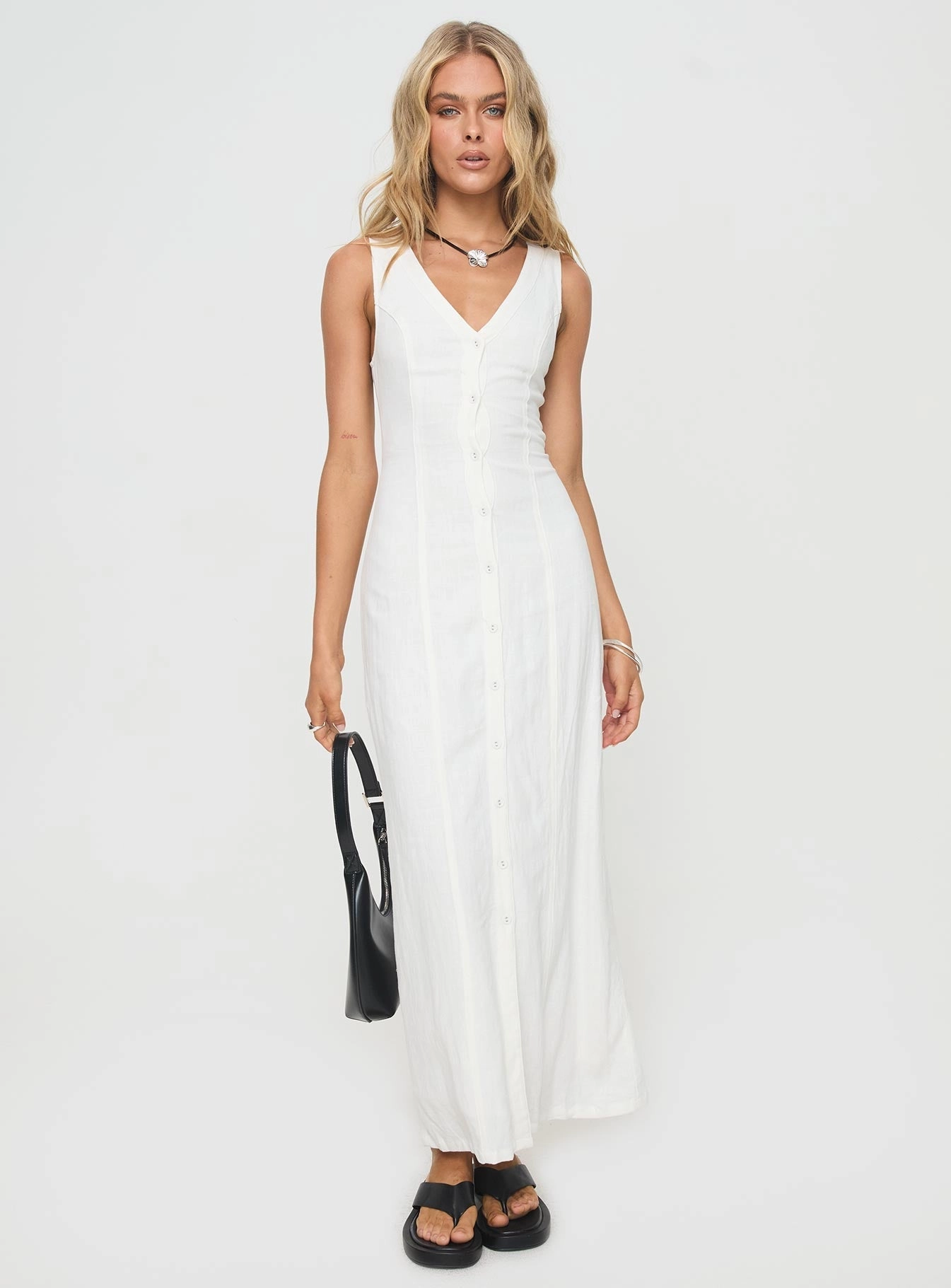 Summer Season Linen Blend Maxi Dress White Petite Elegant Everyday