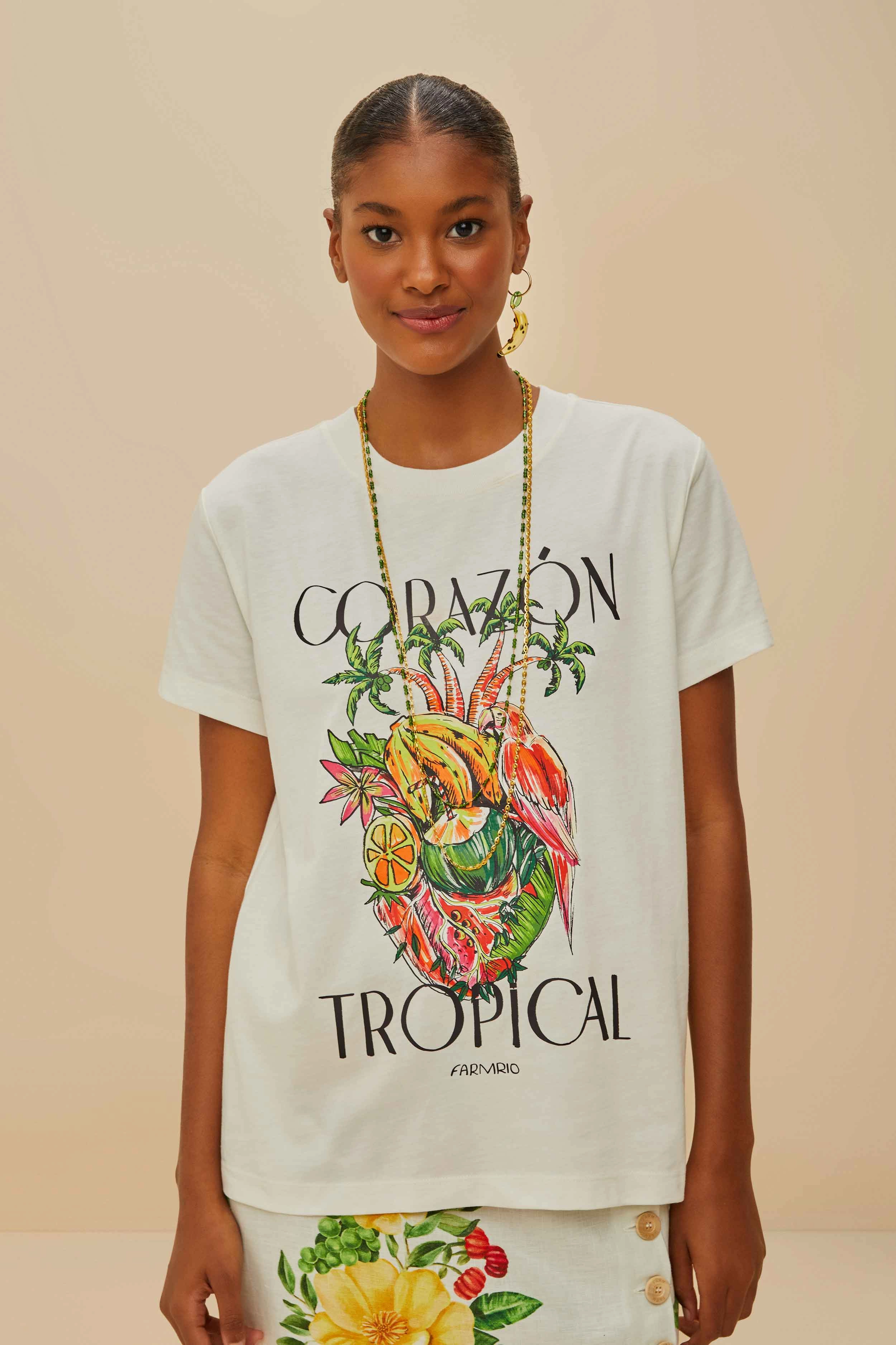 Sporty Active Wear Off-White Coraz??n Tropical Organic Cotton T-Shirt