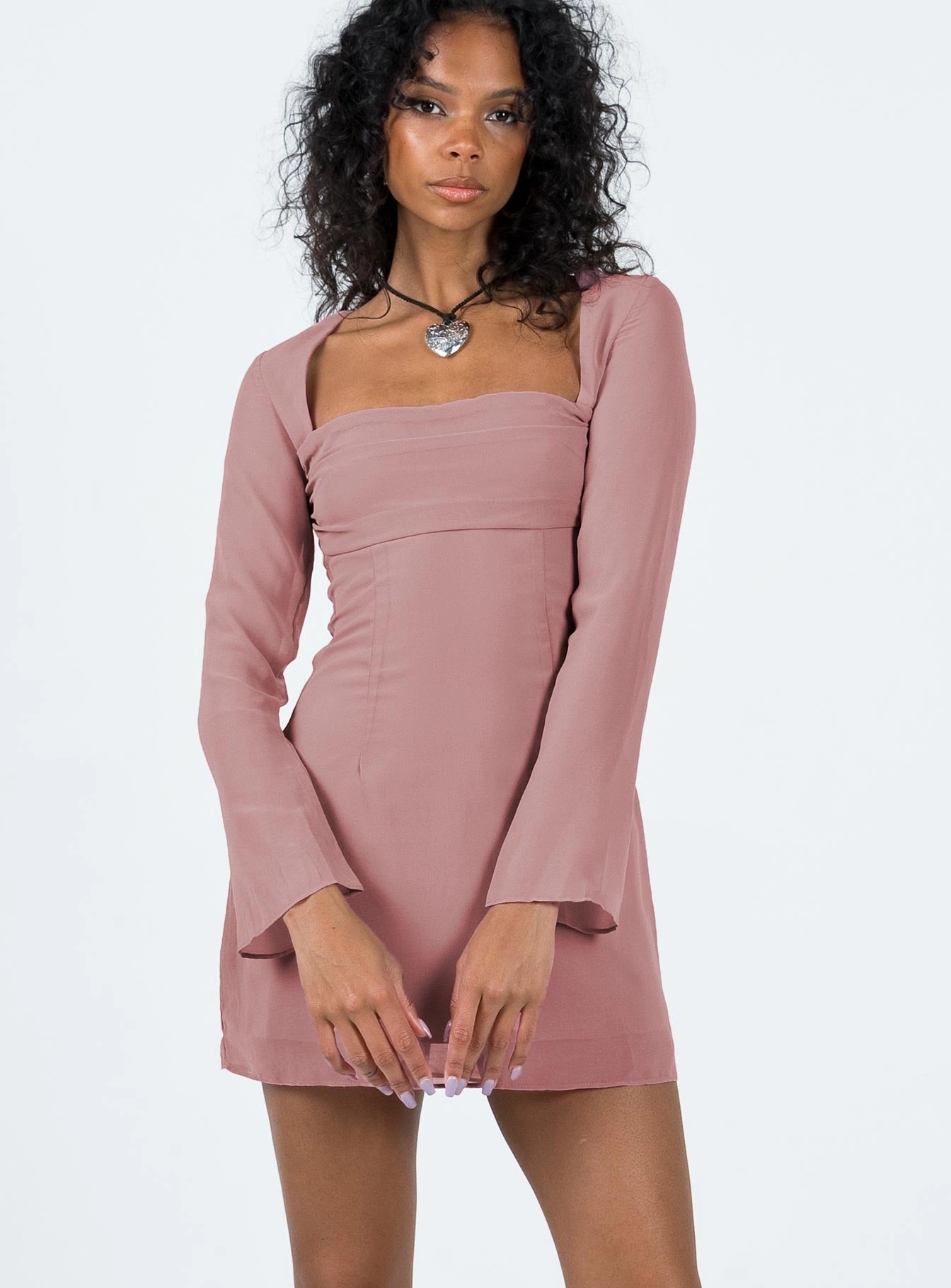 Gemstone-Detail Cavanagh Long Sleeve Mini Dress Dusty Pink