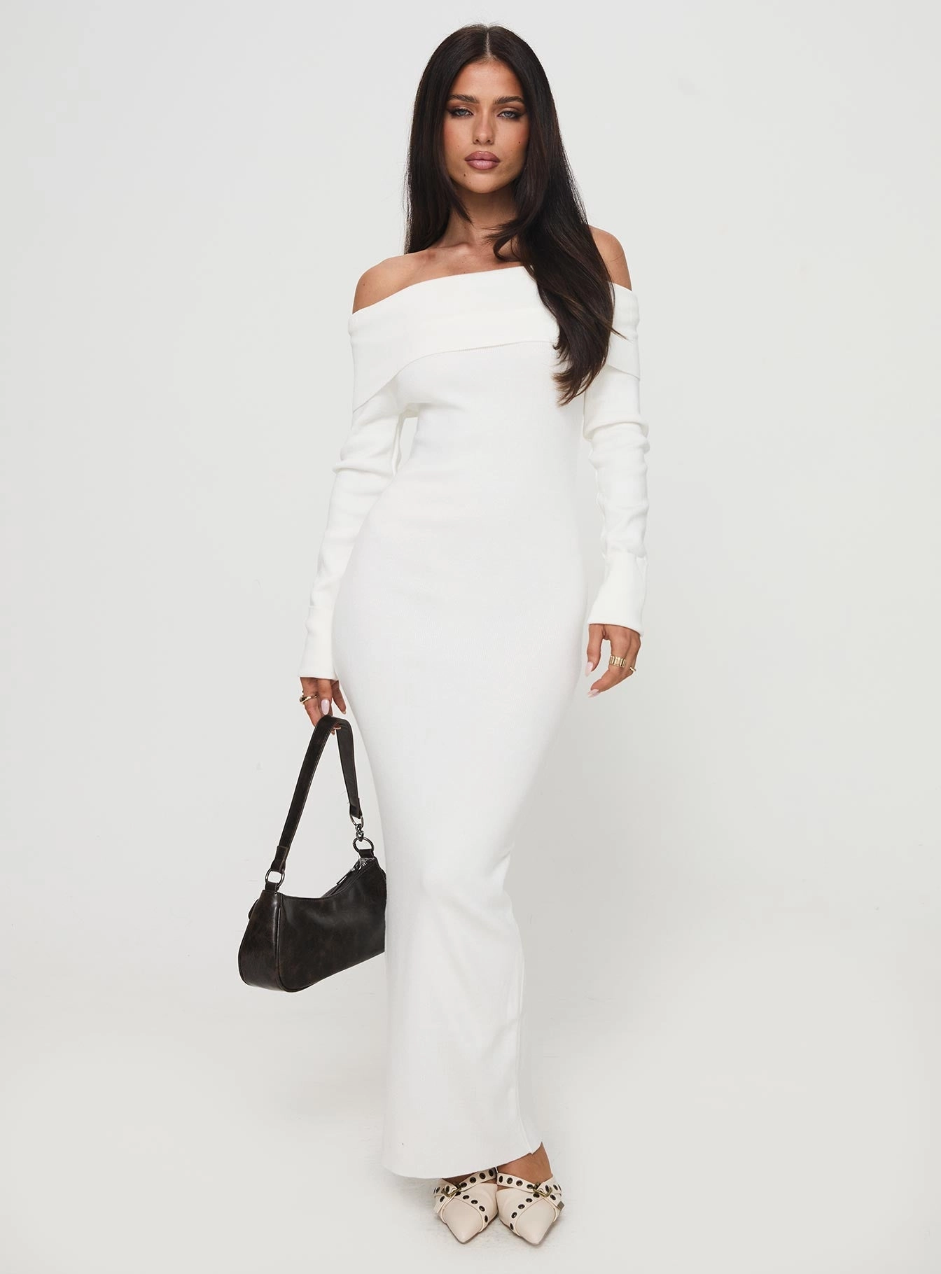 Smart Silhouette Boat-Neck Celestara Off The Shoulder Maxi Dress White