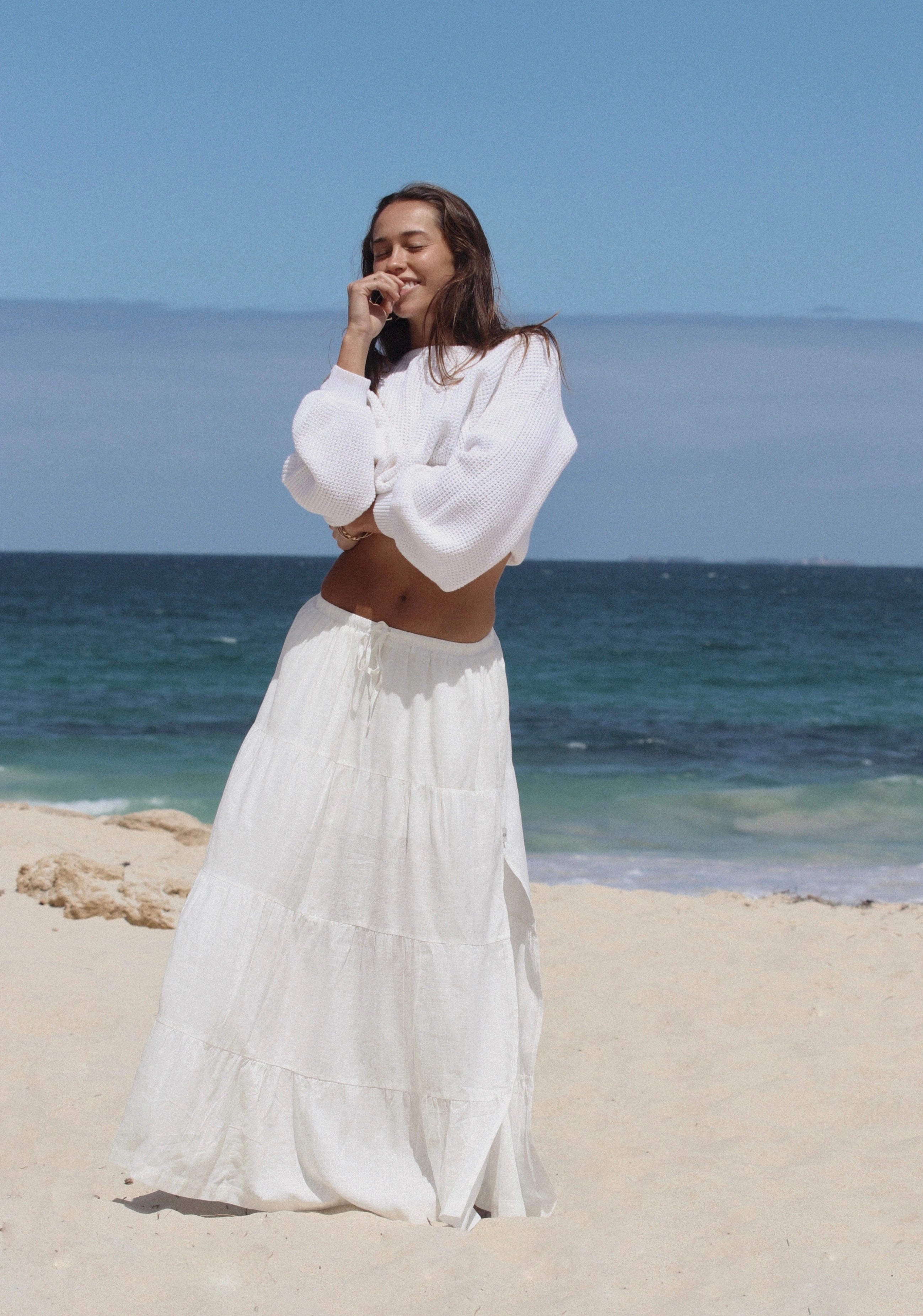 Classic Tiered Maxi Skirt White Removable Belt