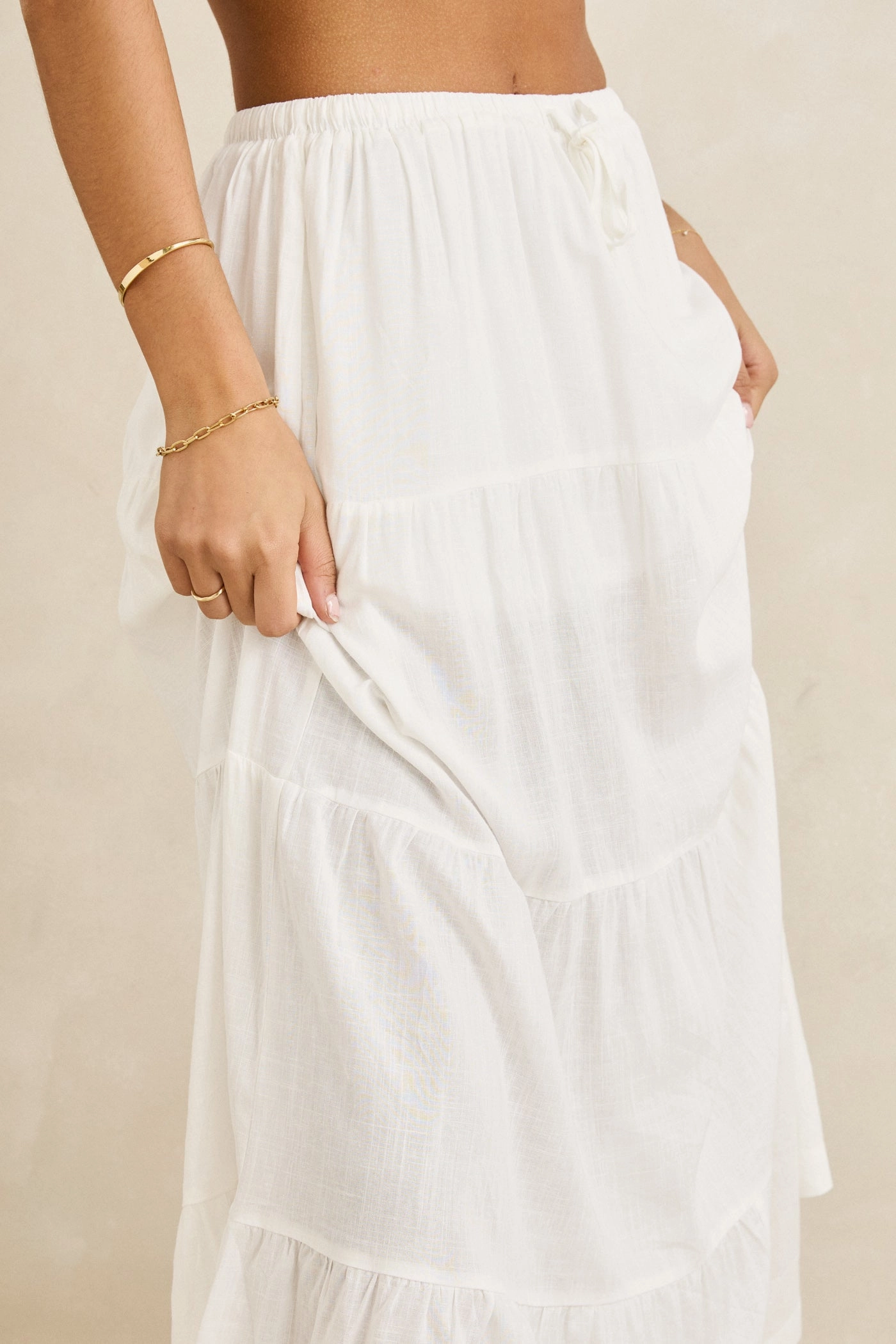 Classic Tiered Maxi Skirt White Slip Resistant Waistband Luxury Feel