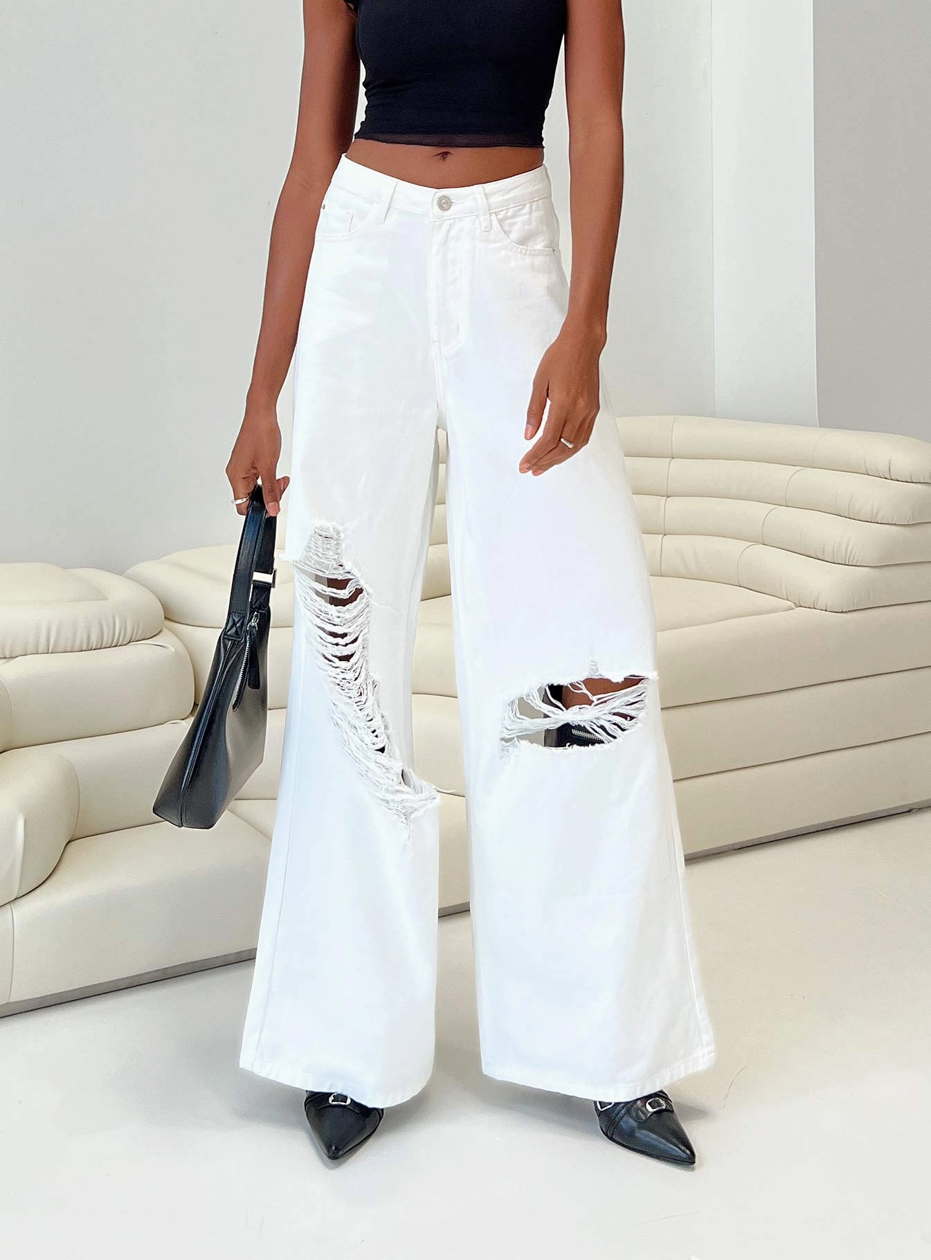 Neutral Outfit Chavez Wide Leg Jeans White Denim
