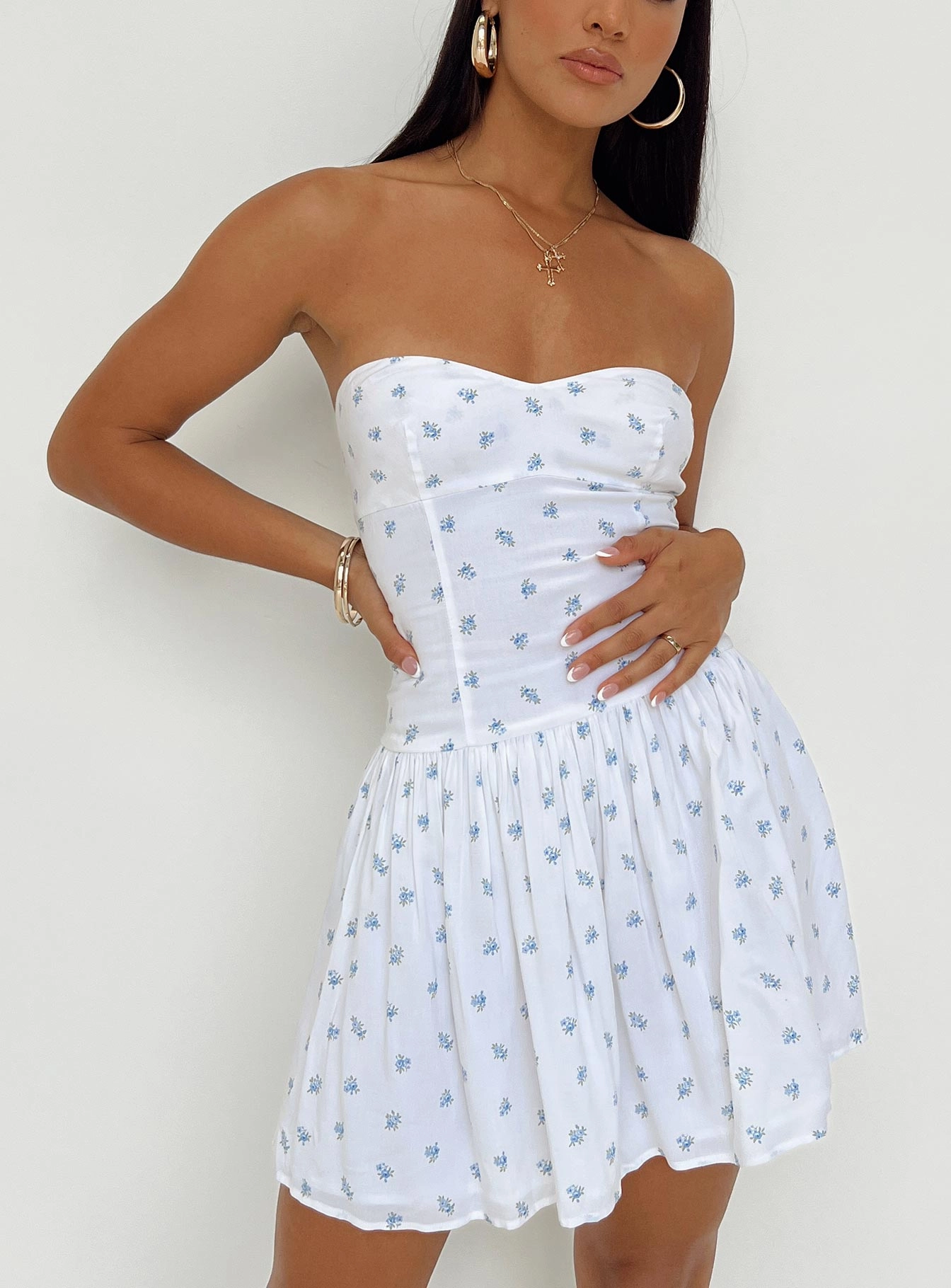 Bette Strapless Mini Dress White / Blue Chic Comfort