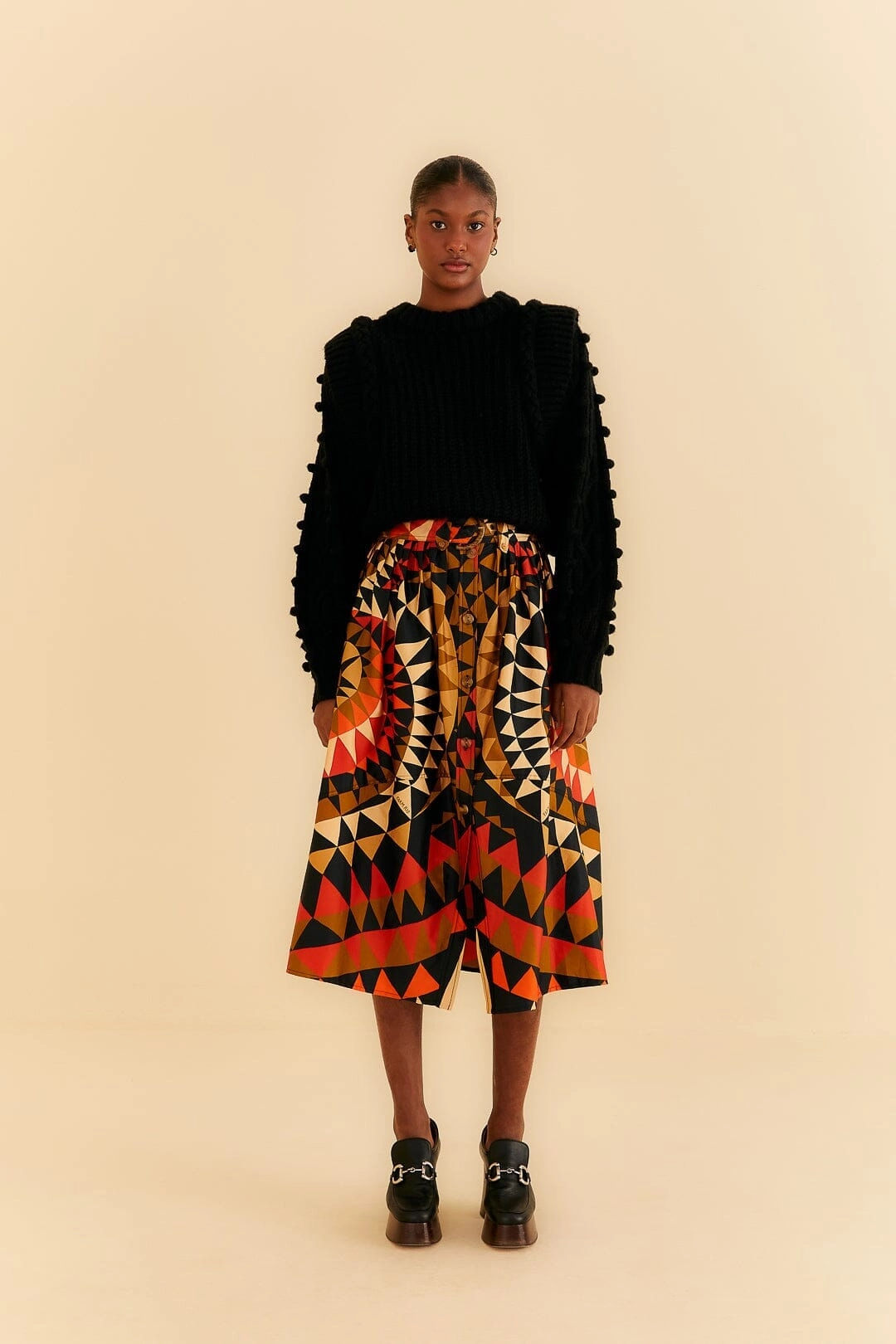 Luxury Finish Black Heart Deco Button Down Midi Skirt