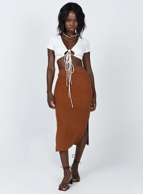 Zanna Midi Skirt Brown Frayed Finish Velvet Finish