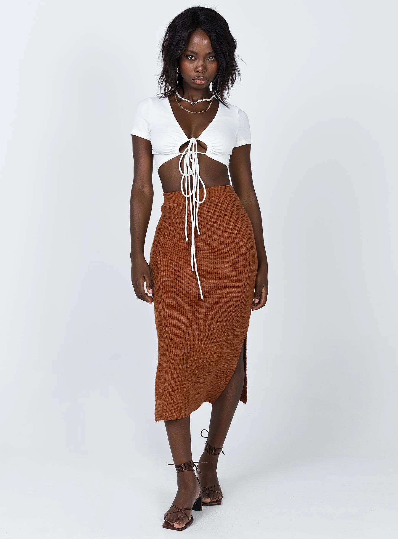 Zanna Midi Skirt Brown Frayed Finish Velvet Finish