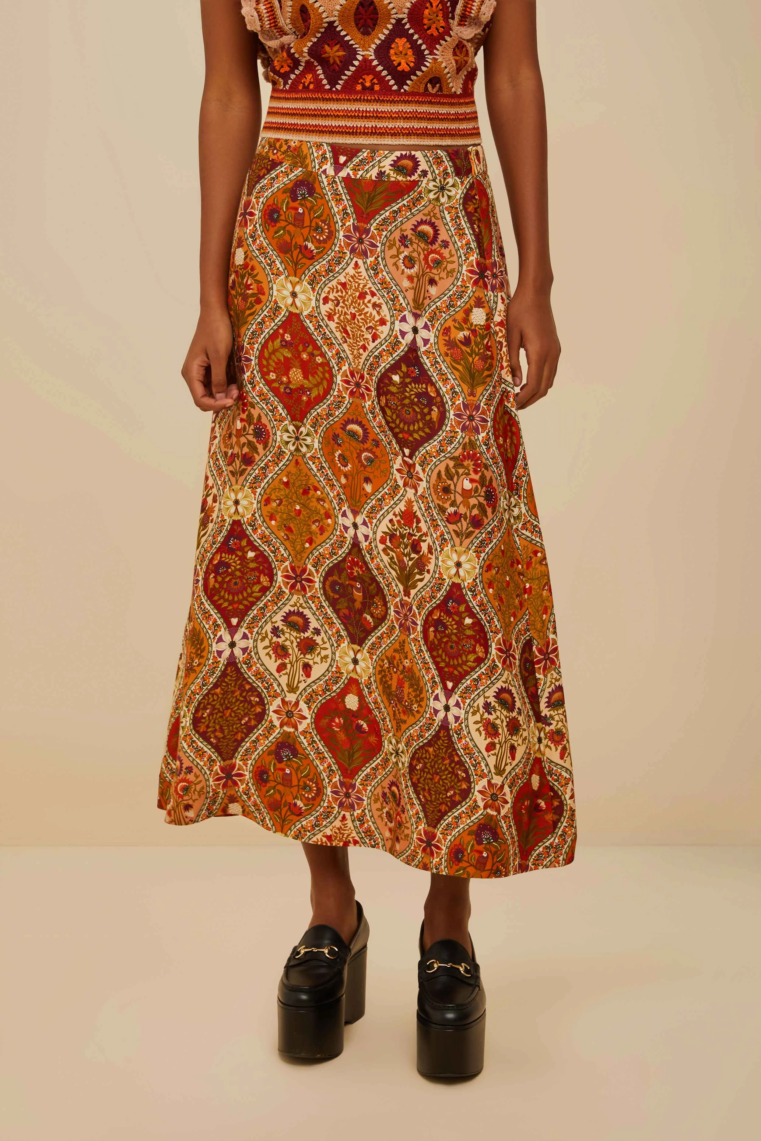 Bamboo Fiber Multicolor Romantic Nature LENZING? ECOVERO? Viscose Midi Skirt