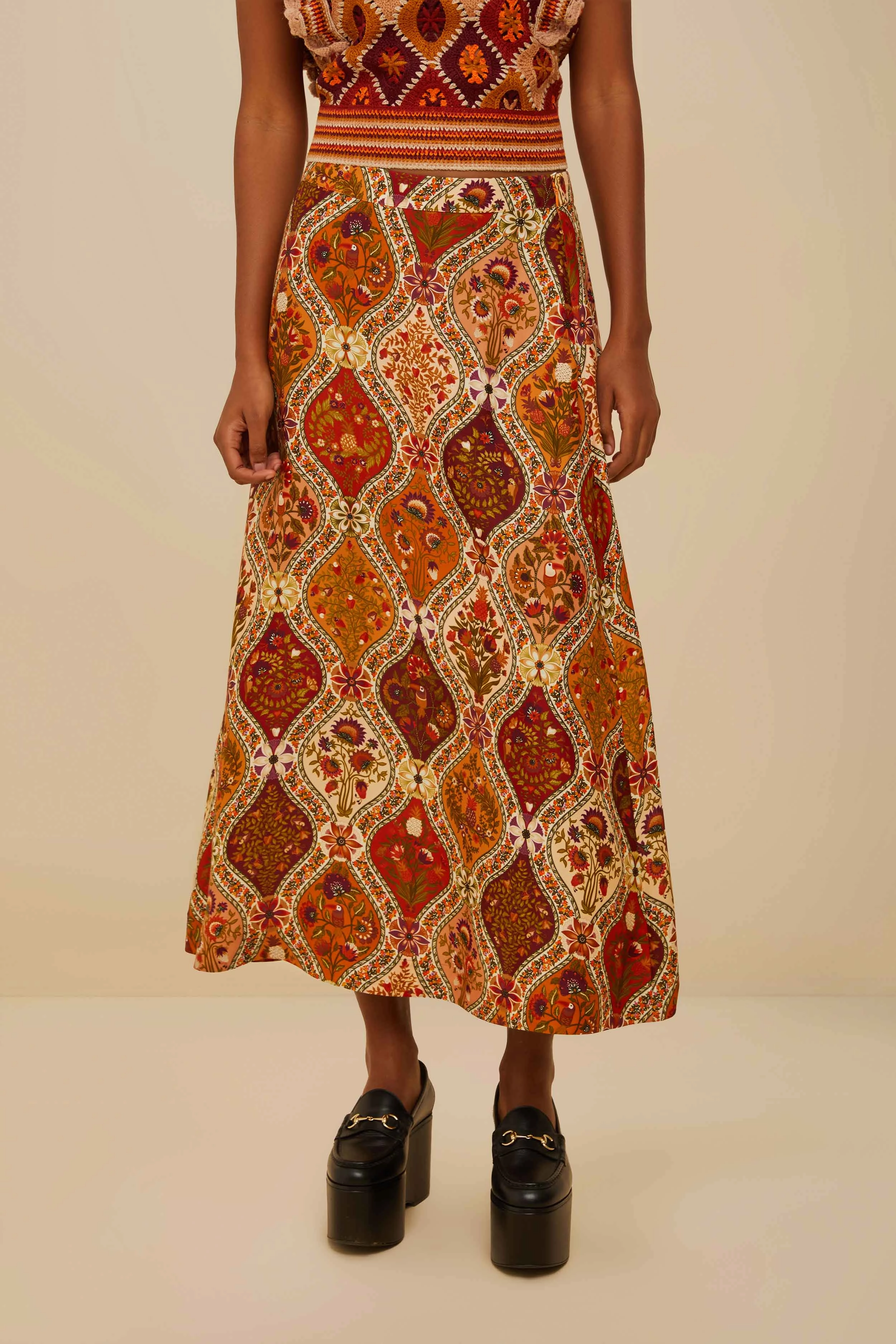 Multicolor Romantic Nature LENZING? ECOVERO? Viscose Midi Skirt Layered Structure