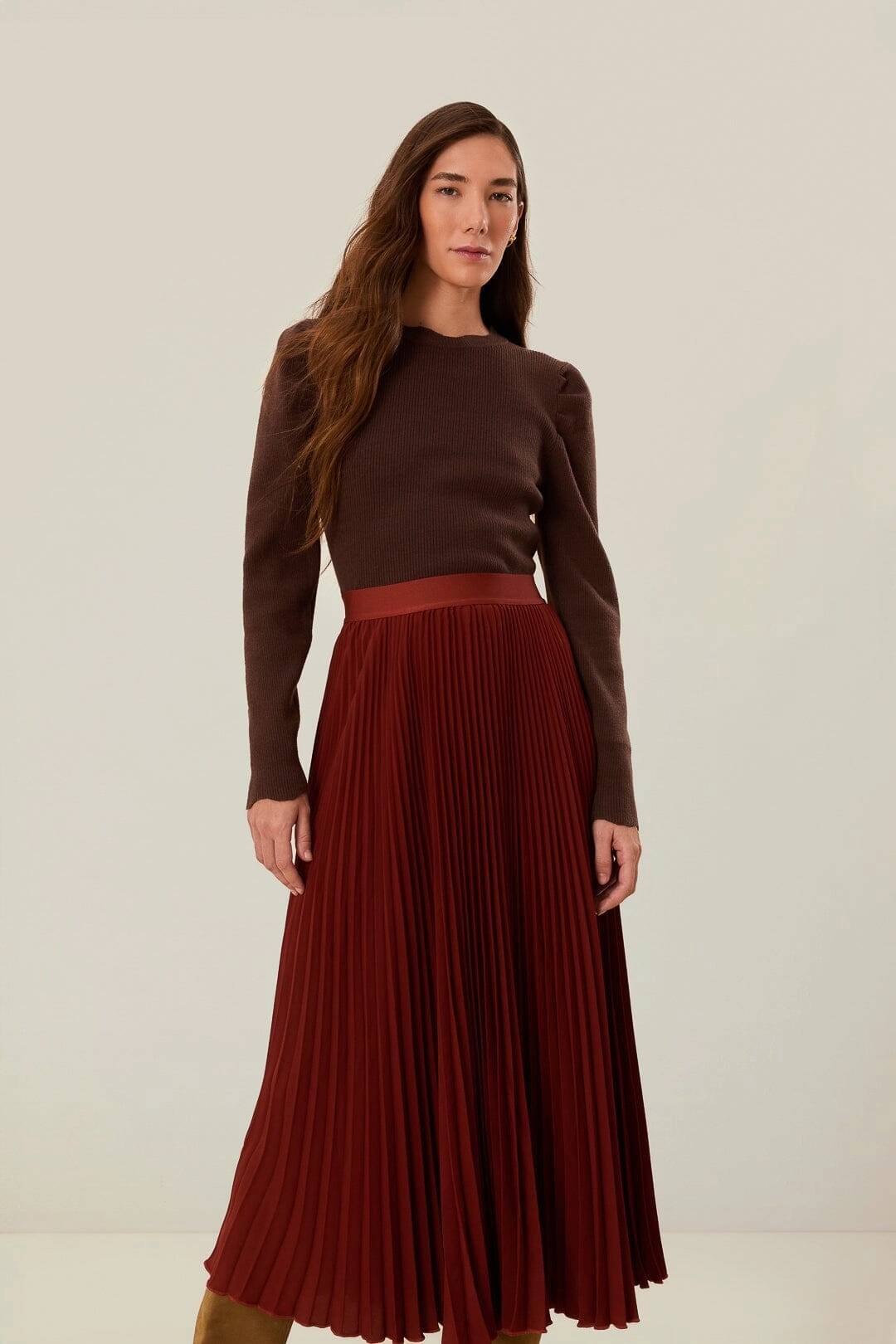 Laser cut Season To Season Brown Pleated Maxi Skirt