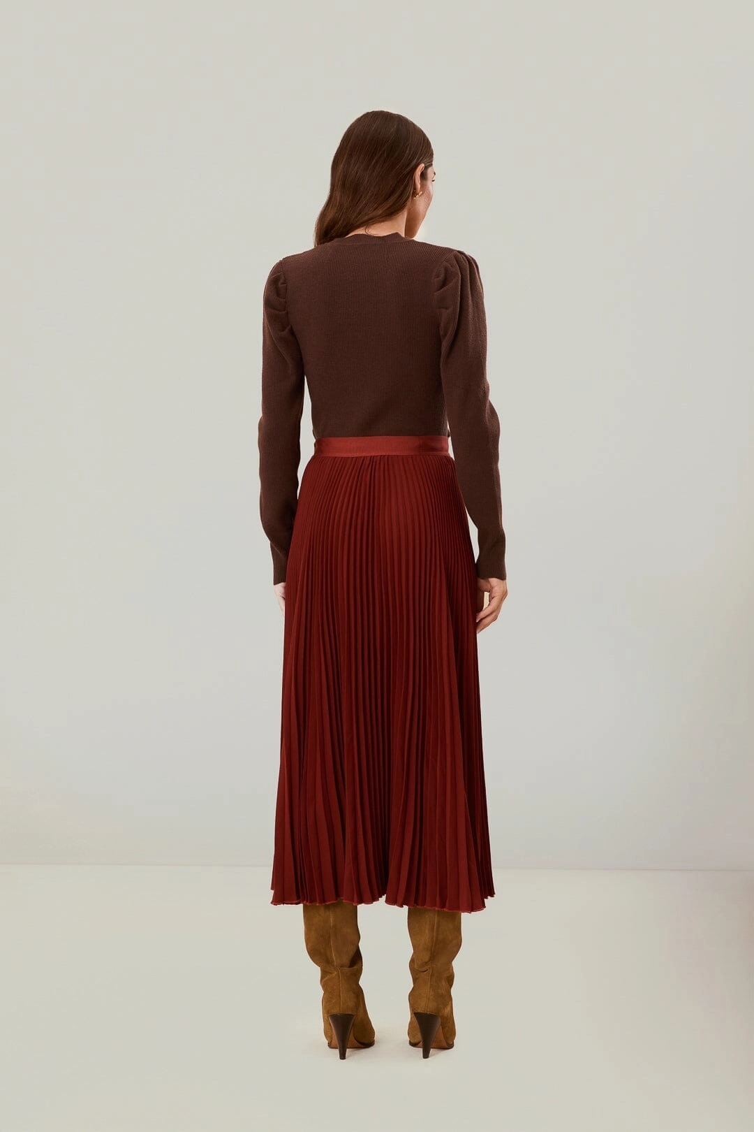 Brown Pleated Maxi Skirt Daily Favorite Pocket Design