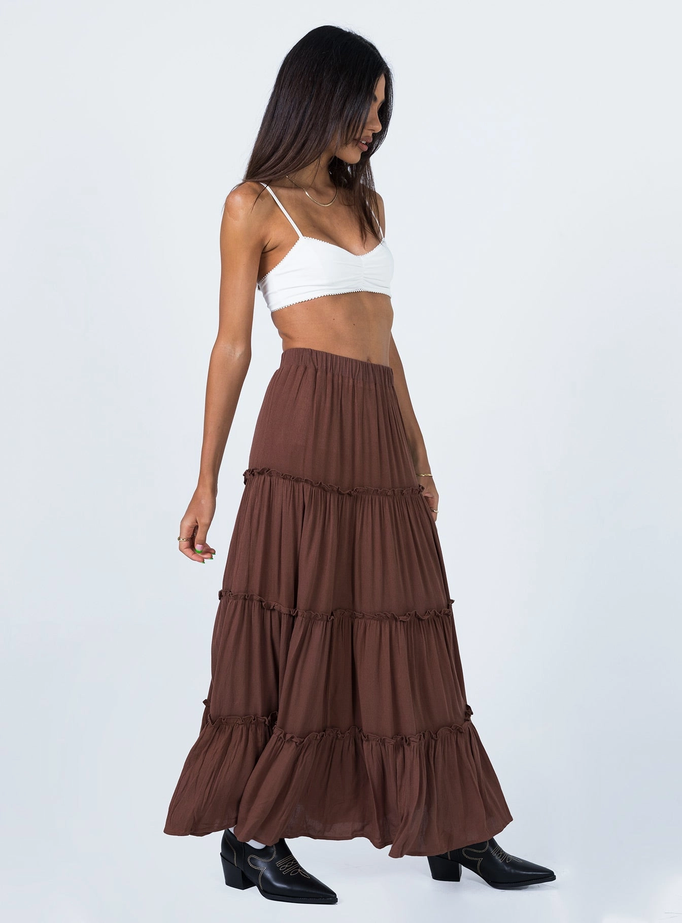 Polished Cut Miriah Maxi Skirt Brown