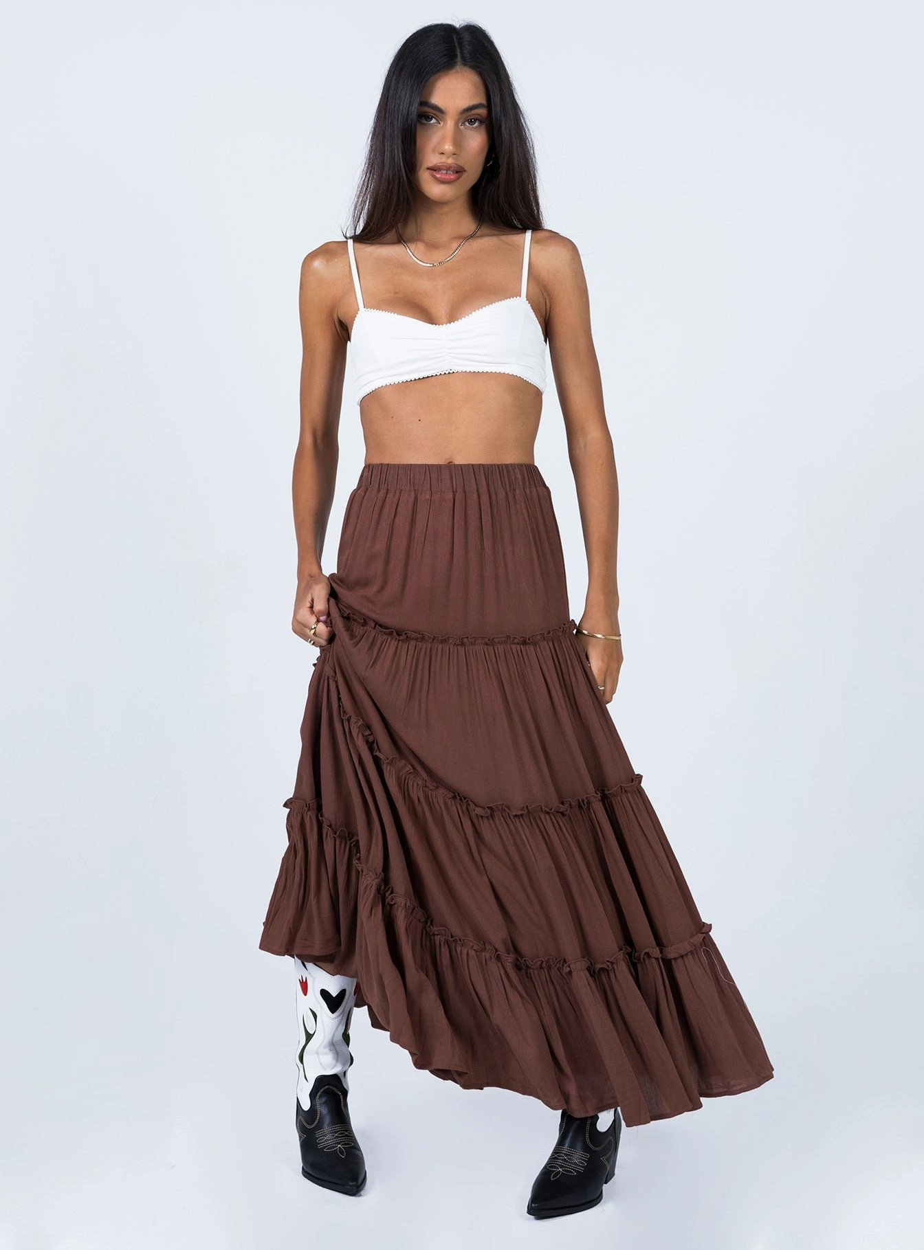 Layered Design Miriah Maxi Skirt Brown