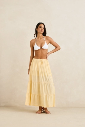 Subtle Finish Two Tone Trim Classic Tiered Maxi Skirt Butter