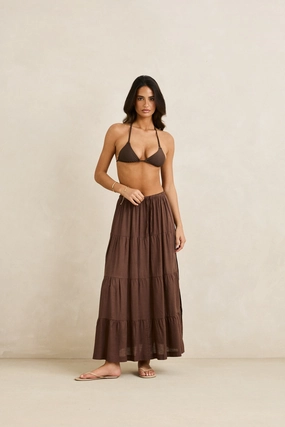 Classic Tiered Maxi Skirt Chocolate Detachable Tie