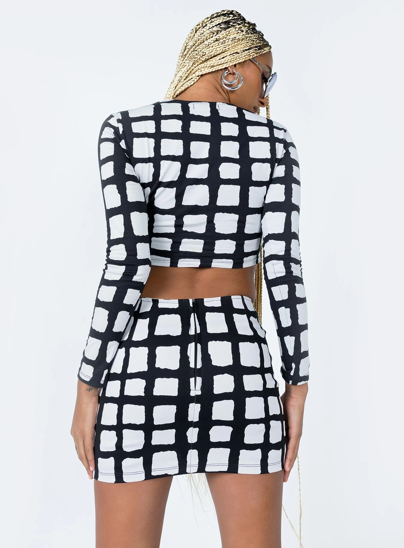 Motel Ima Skirt Mesh Mono Painted Check Black Sequined Finish Minimalist Trim