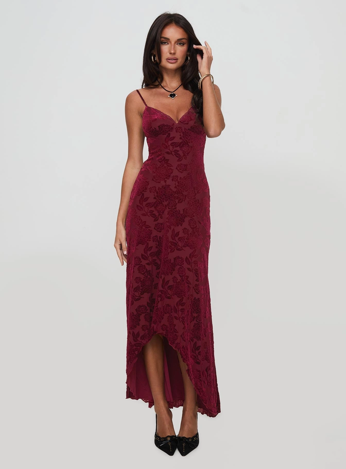 Lightweight-Layer Rumours Slippy Burnout Maxi Dress Burgundy