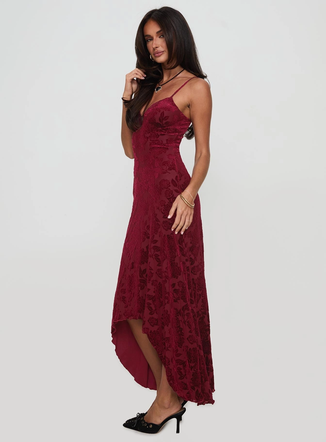 Rumours Slippy Burnout Maxi Dress Burgundy Sage Glow