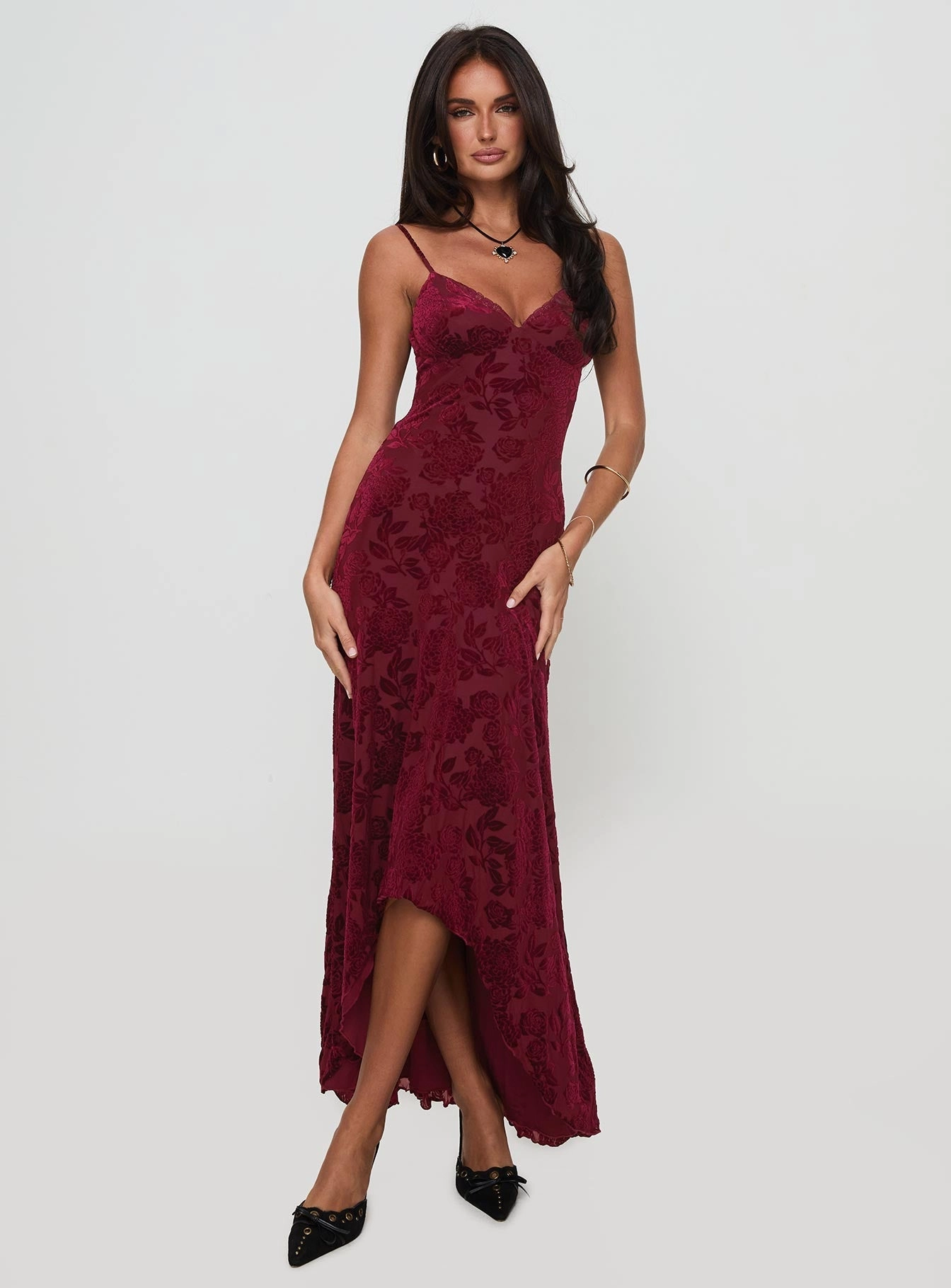Layering Fit Rumours Slippy Burnout Maxi Dress Burgundy
